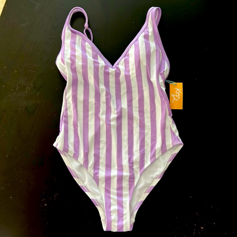 Women’s purple and white striped swimsuit